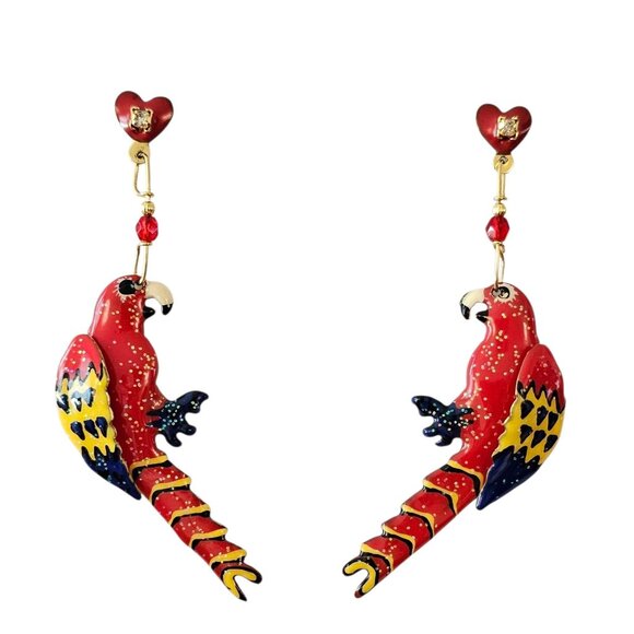Lunch At The Ritz Parrot Bird Dangle Post Earrings, Signed - Picture 1 of 13